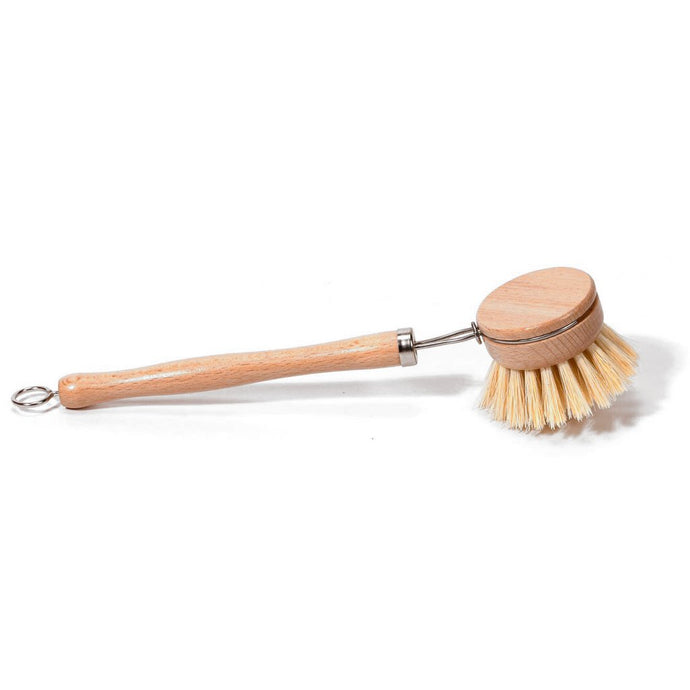 Dish brush with replacement head displayed on white background, face down