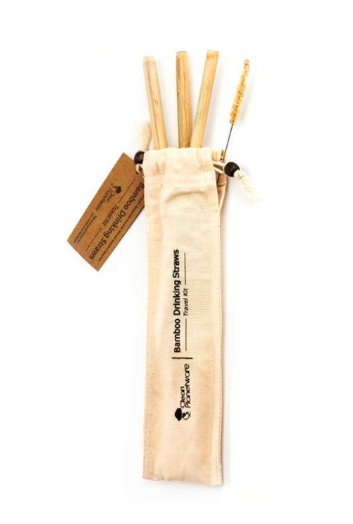 Bamboo straw travel kit with contents displayed on white background
