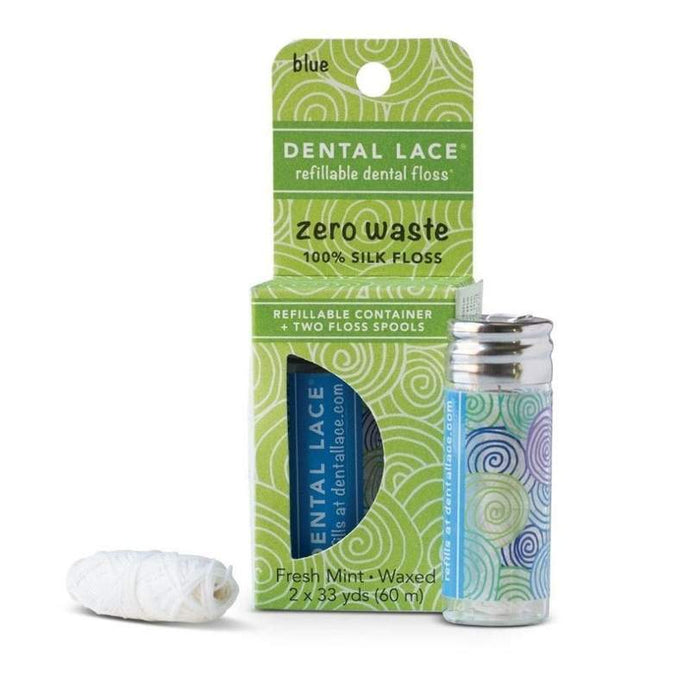 Dental lace packaging, glass jar and spool of floss displayed on white background in the color blue