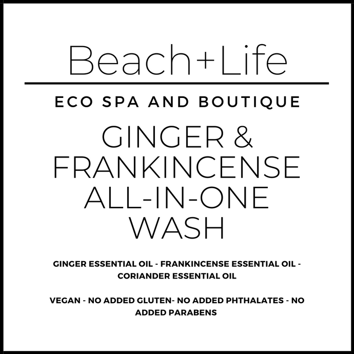 Ginger and frankincense all-in-one wash label and description