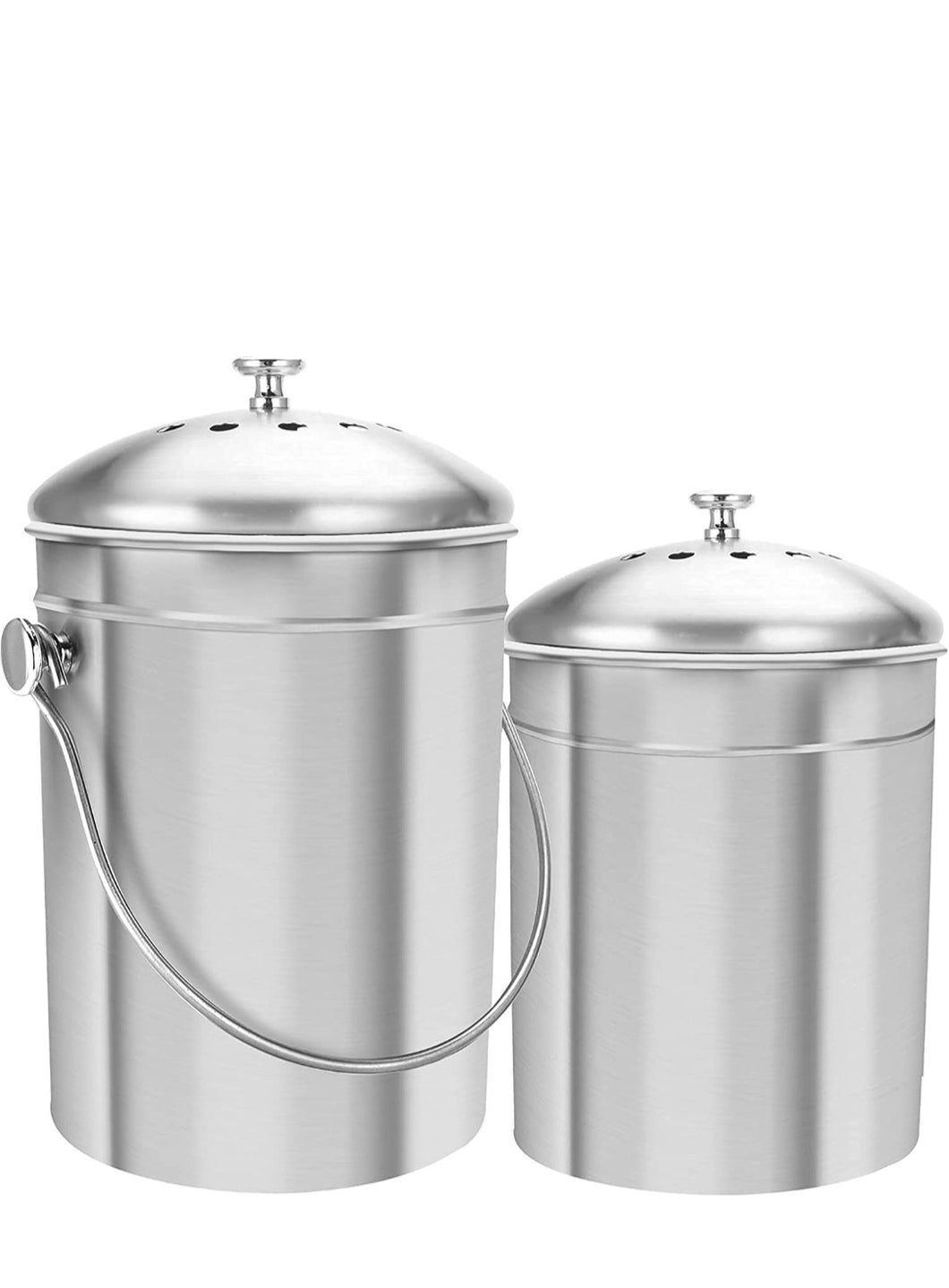 Two countertop compost pails in different sizes displayed on white background